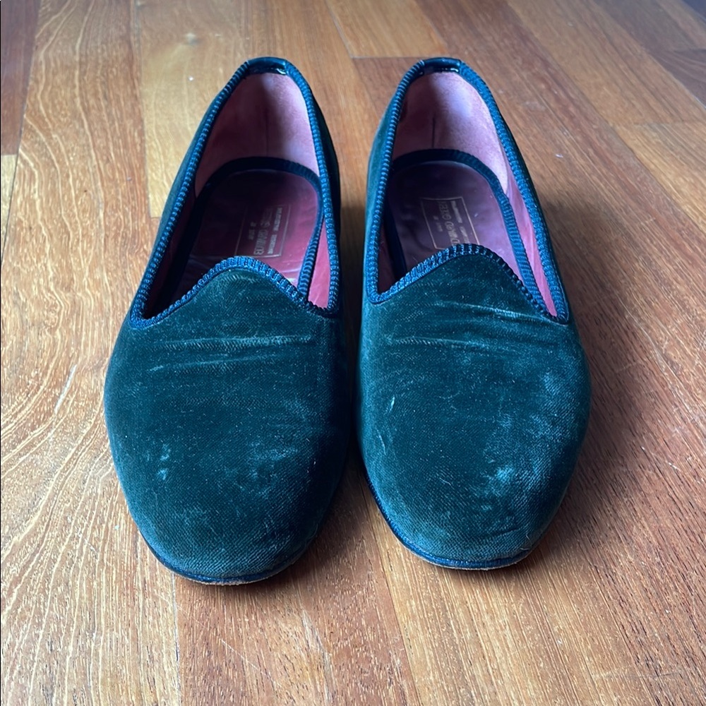 Men's Handmade Custom Edward Green Velvet Loafers in Green size 10